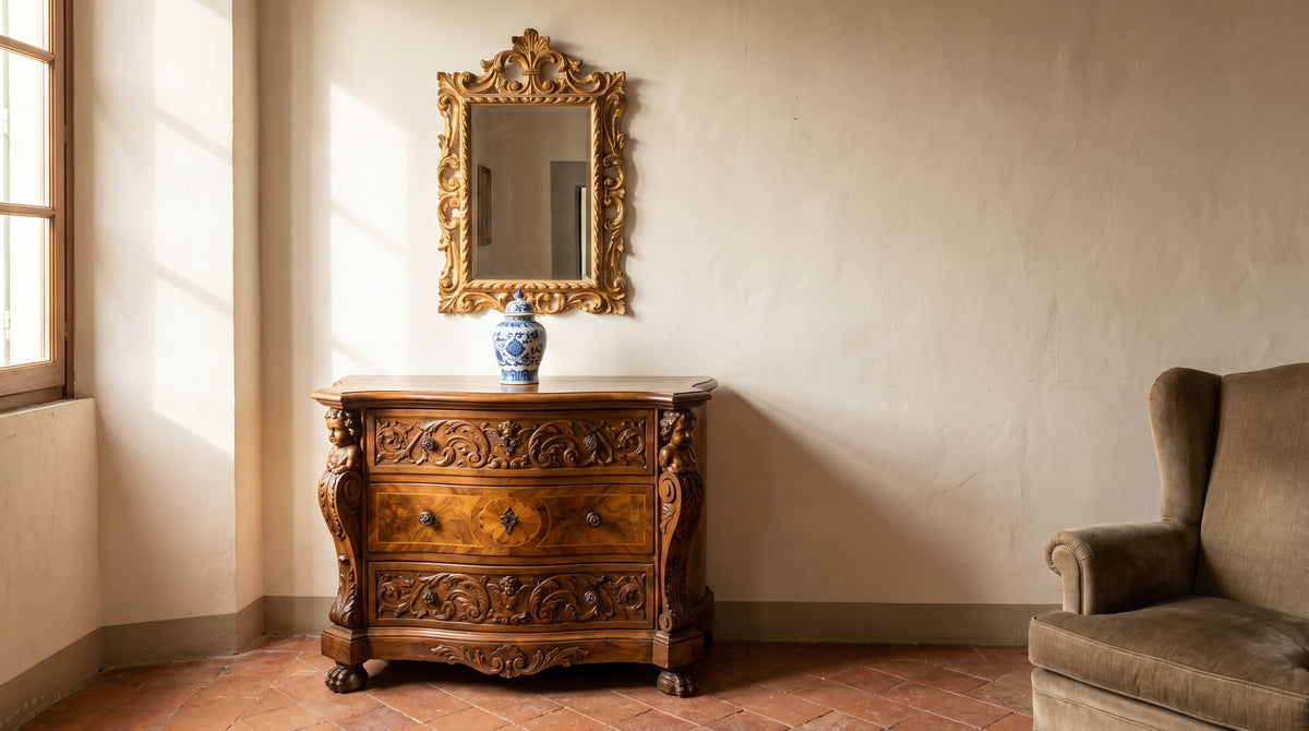 Barock Kommode mit geschnitzter Front und vergoldetem Spiegel an einer ruhigen Wand