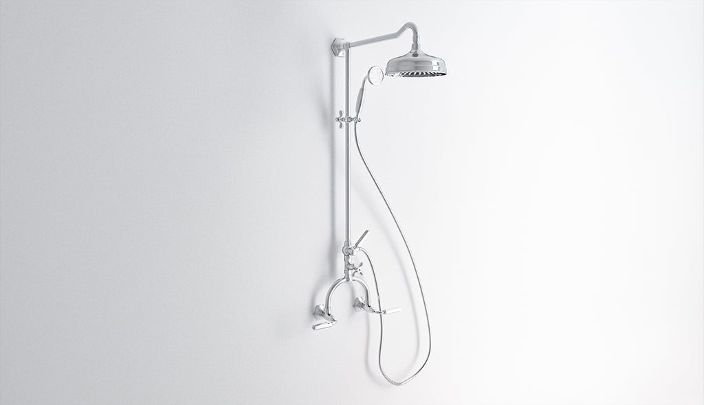 Aufputz-Duscharmatur für Wandinstallation mit Umstellventil, Ø 200-Duschkopf und Handbrause Dark Metal, in Brückenform von Fatto Italia