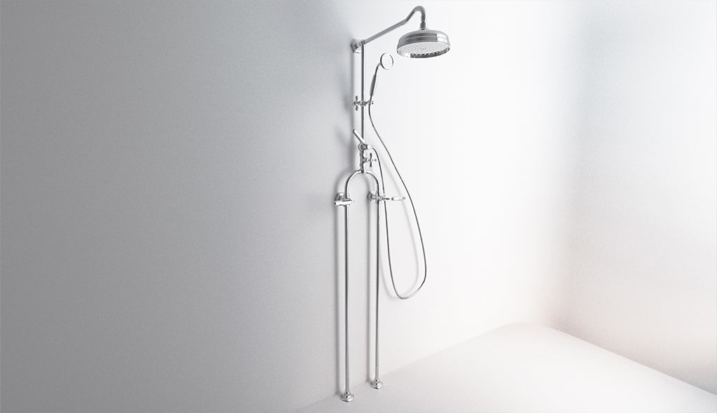 Aufputz-Duscharmatur mit Wasseranschluss im Boden, Umstellventil, Ø 200-Duschkopf und Handbrause Dark Metal von Fatto Italia