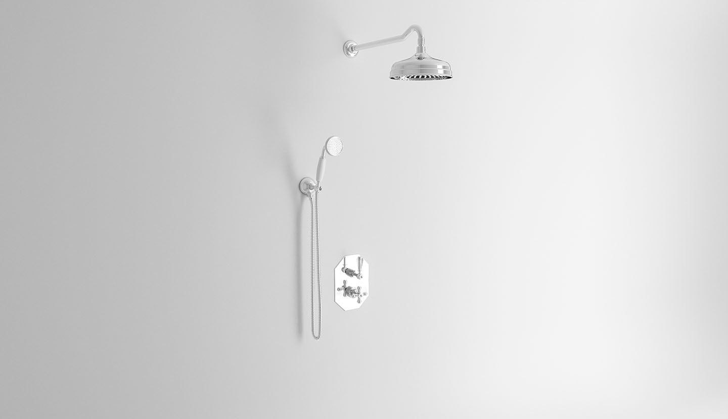 Duscharmatur mit Thermostat-Mischer, Umstellventil, Wandhalterung, Duschkopf und Handbrause. Beatrice von Fatto Italia