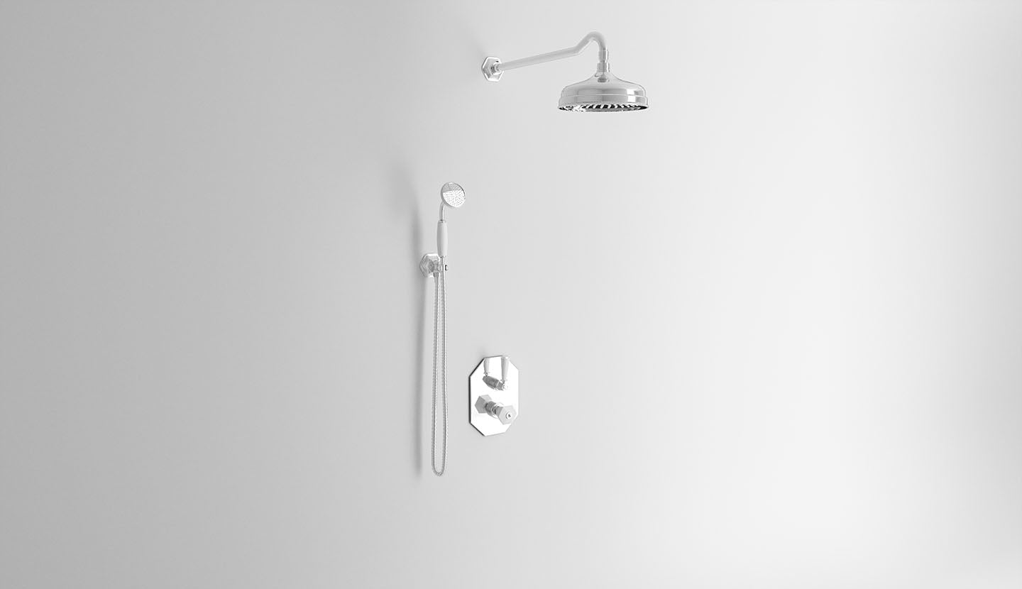 Duscharmatur mit Thermostat-Mischer, Umstellventil, Wandhalterung, Duschkopf und Handbrause. Bianca von Fatto Italia