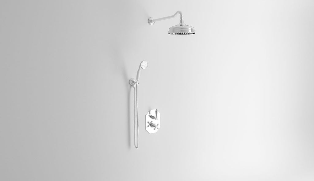 Duscharmatur mit Thermostat-Mischer, Umstellventil, Wandhalterung, Duschkopf und Handbrause. Caruso von Fatto Italia