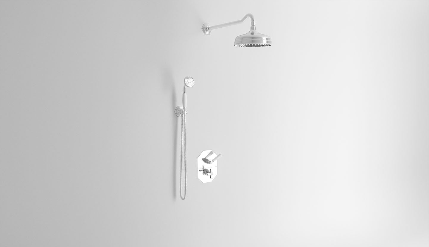 Duscharmatur mit Thermostat-Mischer, Umstellventil, Wandhalterung, Duschkopf und Handbrause. Crowe von Fatto Italia