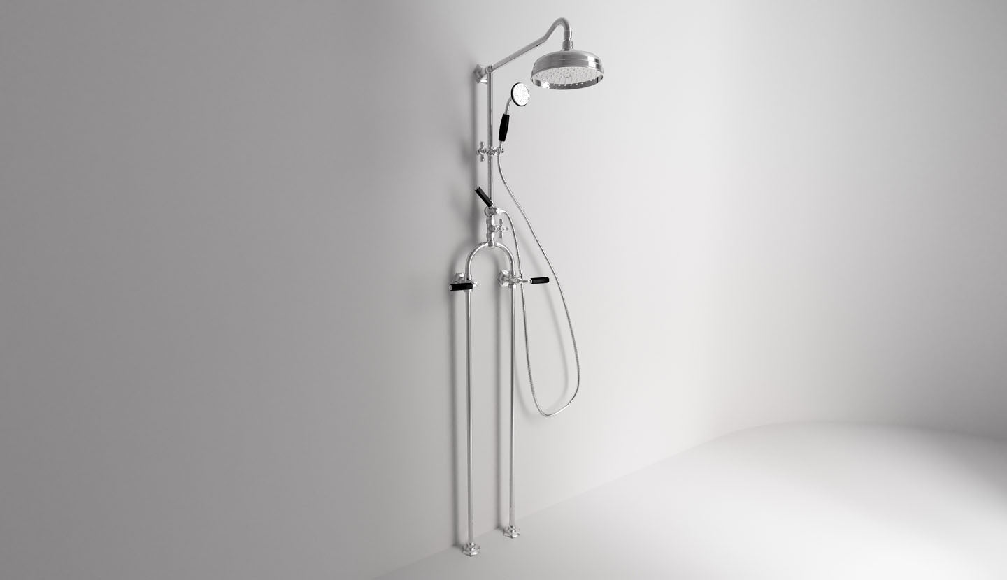 Aufputz-Duscharmatur für Wandinstallation mit Ø 200-Duschkopf und Handbrause Dark Black, mit Bodenanschluss von Fatto Italia