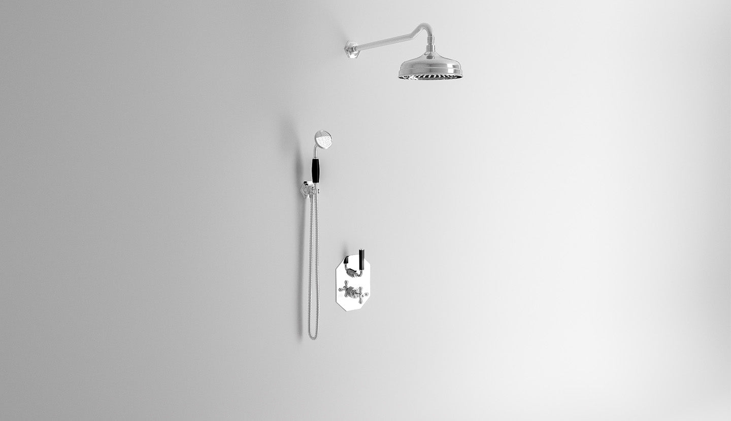 Duscharmatur mit Thermostat-Mischer, Umstellventil, Wandhalterung, Duschkopf und Handbrause. Dark Black von Fatto Italia