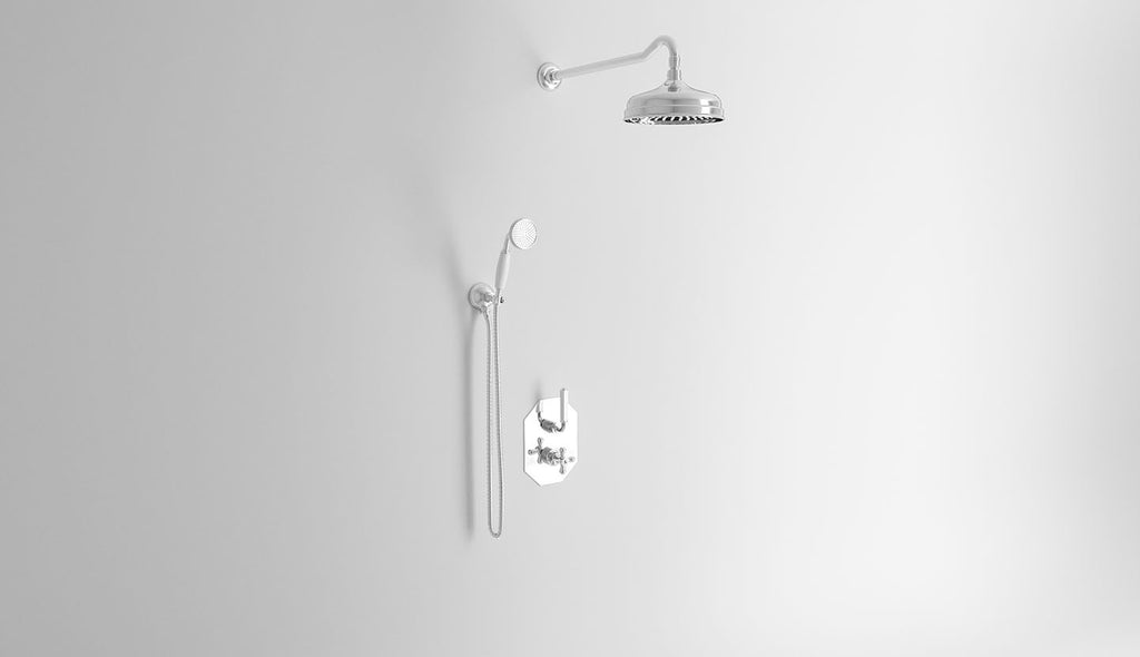 Duscharmatur mit Thermostat-Mischer, Umstellventil, Wandhalterung, Duschkopf und Handbrause. Dark White von Fatto Italia