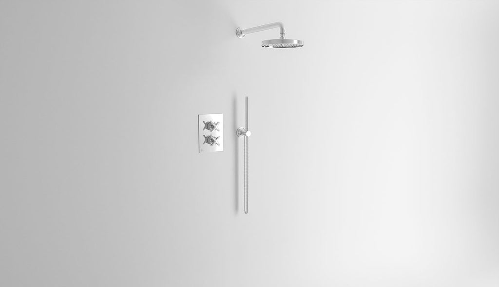Duscharmatur mit Thermostat-Mischer, Umstellventil, Wandhalterung, Duschkopf und Handbrause. Cross von Fatto Italia