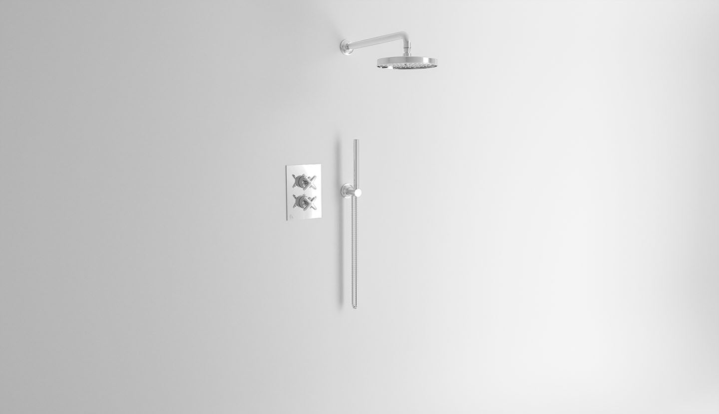 Duscharmatur mit Thermostat-Mischer, Umstellventil, Wandhalterung, Duschkopf und Handbrause. Cross von Fatto Italia