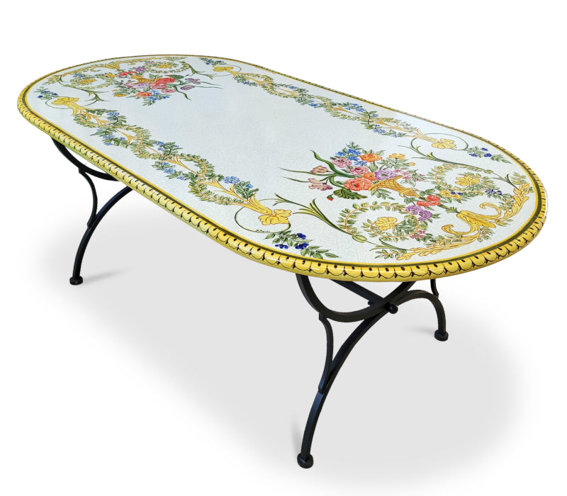 Gartentisch aus handbemaltem Lavastein Settecento, oval 200 × 100 cm