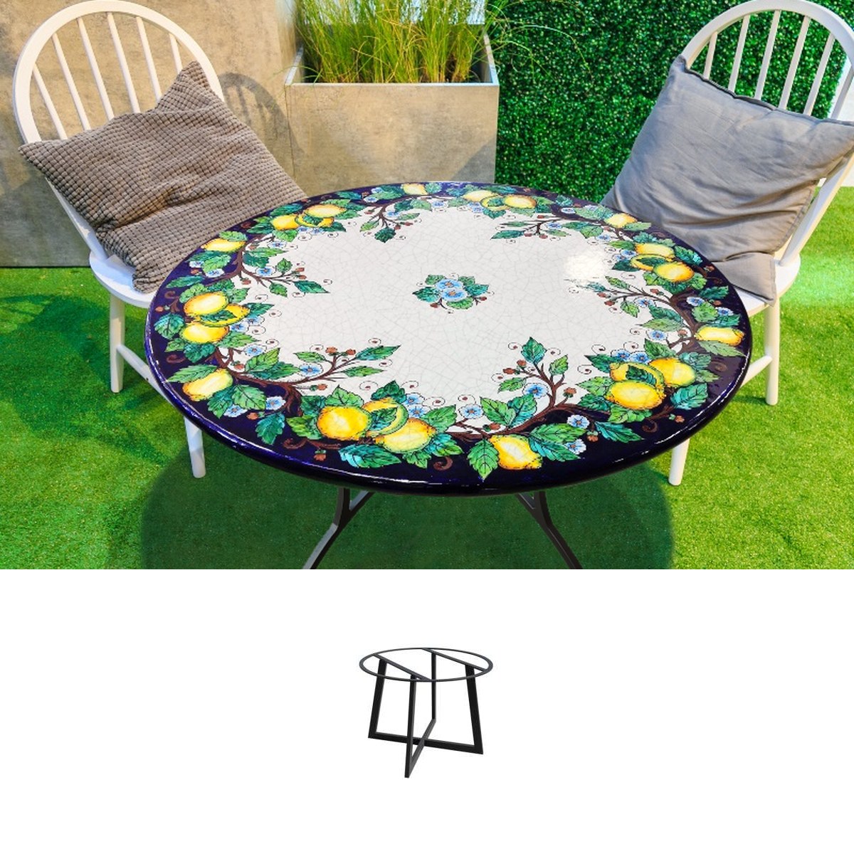 Gartentisch aus handbemaltem Lavastein Limoni S, rund Ø 100 cm mit Untergestell Life-C D80