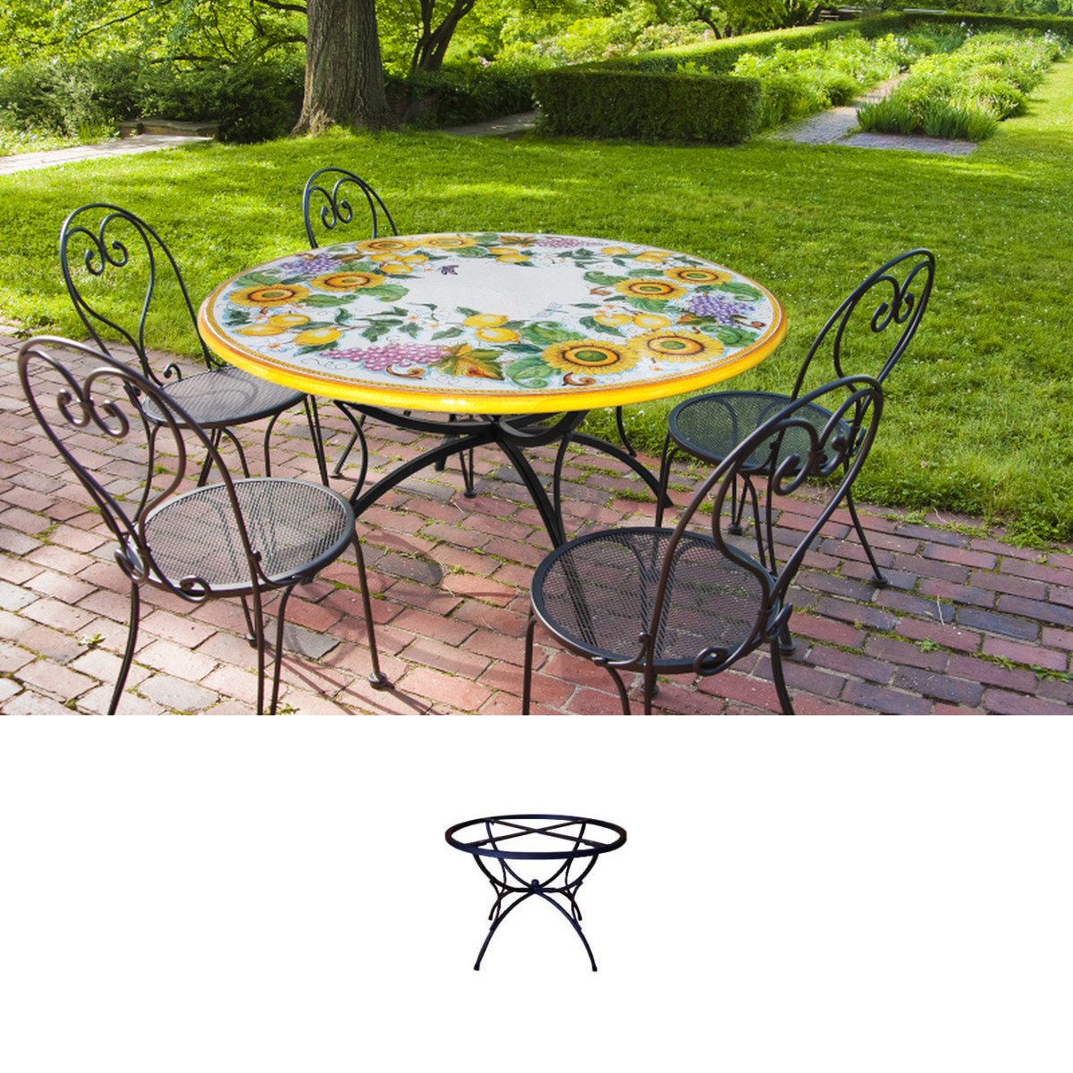 Gartentisch aus handbemaltem Lavastein Uva, Limoni e Girasoli, rund Ø 120 cm mit Untergestell Vega GD017CS