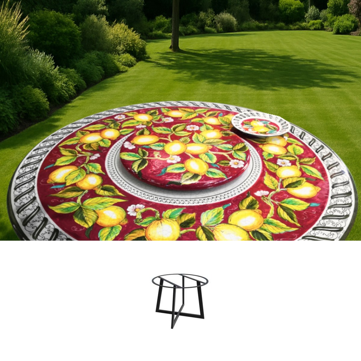 Gartentisch aus handbemaltem Lavastein Limoni fascia rossa, rund Ø 150 cm mit Untergestell Life-C D130