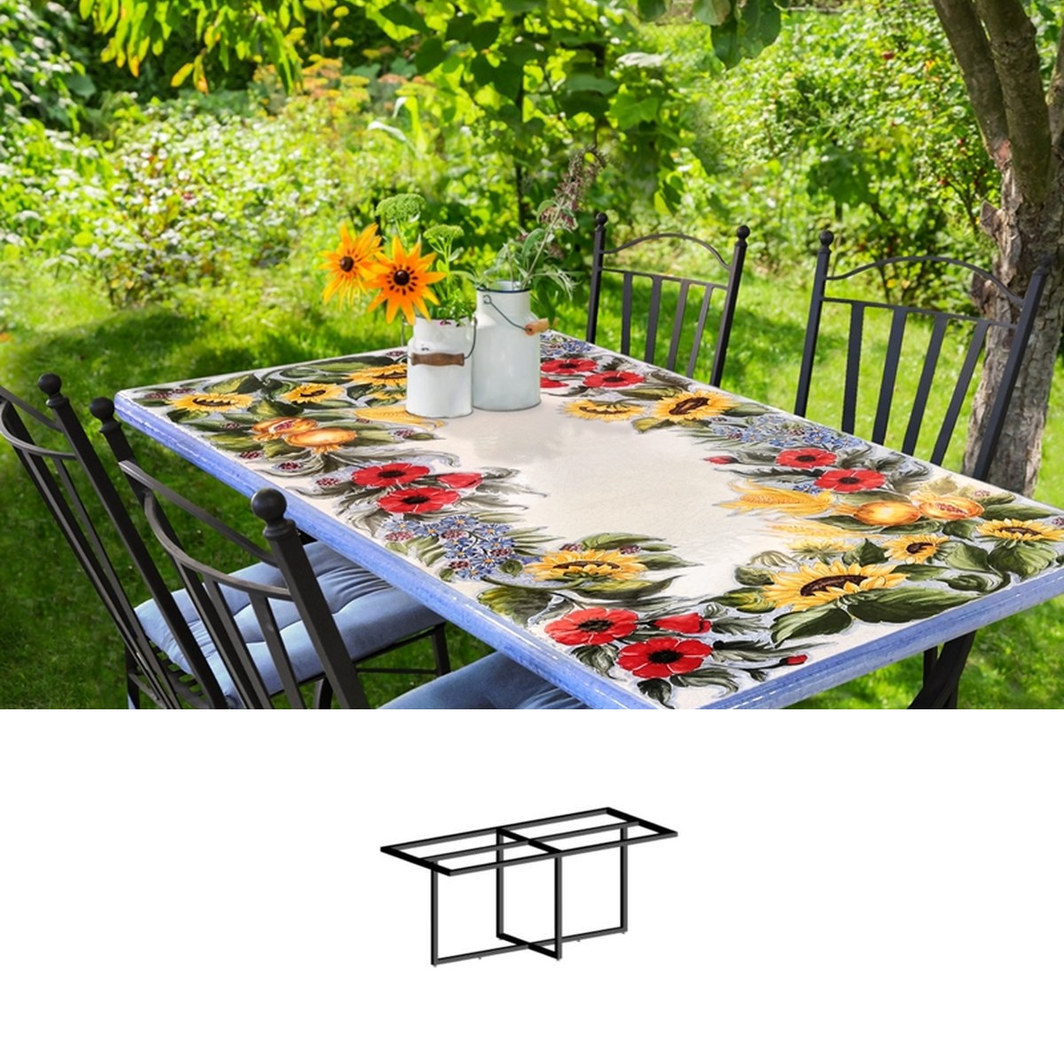 Gartentisch aus handbemaltem Lavastein July, rechteckig 160 × 80 cm mit Untergestell Biquadro 130x60