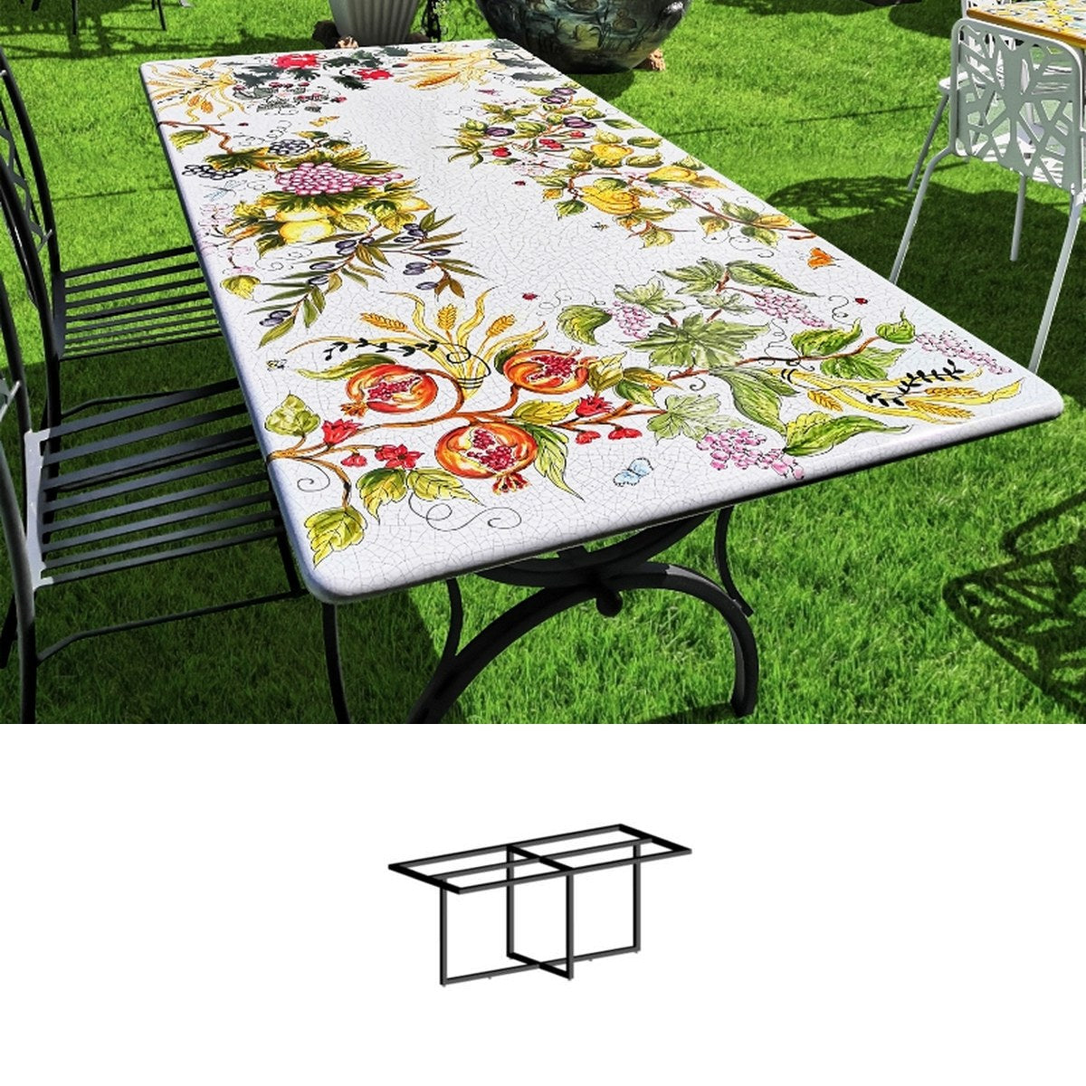Gartentisch aus handbemaltem Lavastein Inglese, rechteckig 180 × 90 cm mit Untergestell Biquadro 160x60