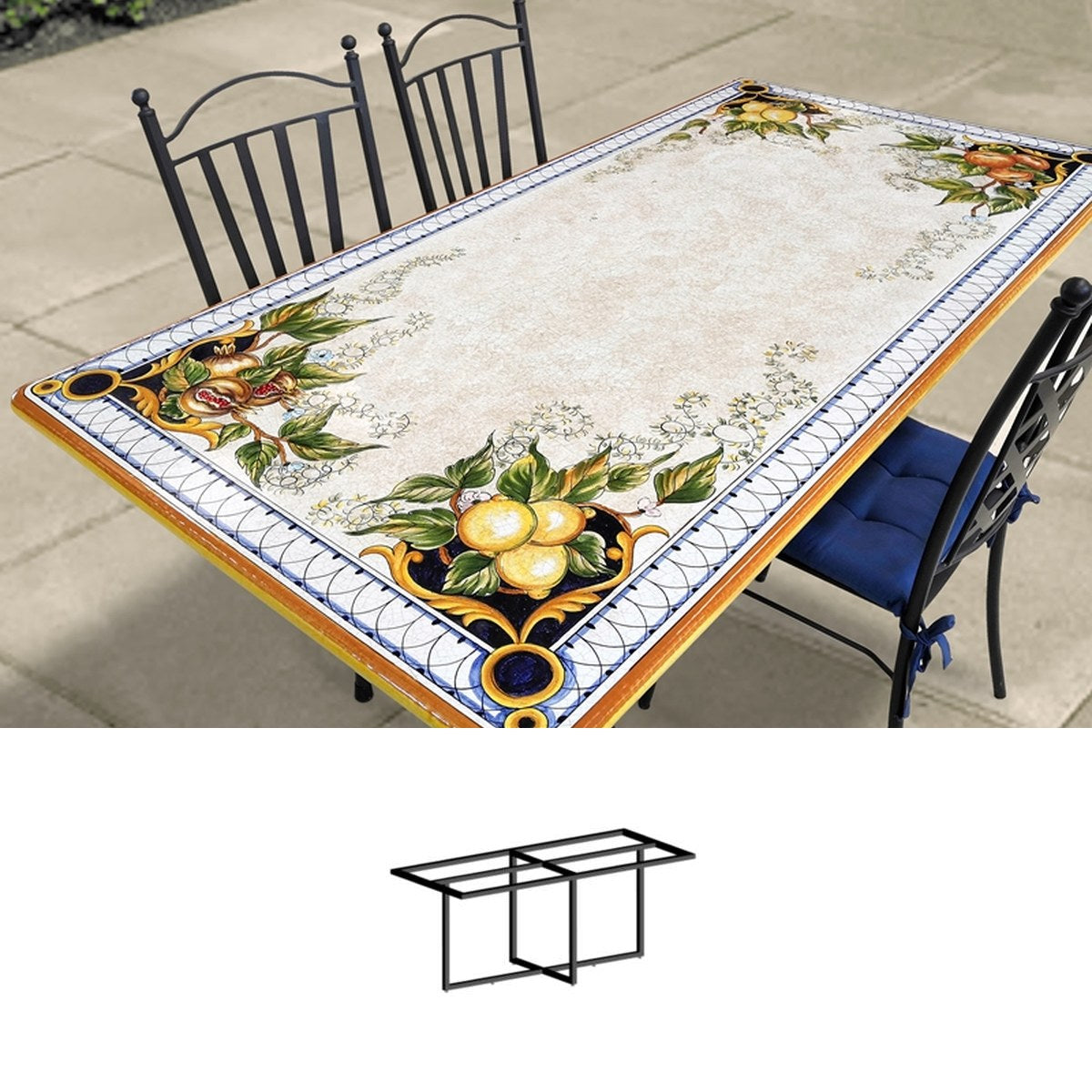 Gartentisch aus handbemaltem Lavastein Patio, rechteckig 180 × 90 cm mit Untergestell Biquadro 160x60