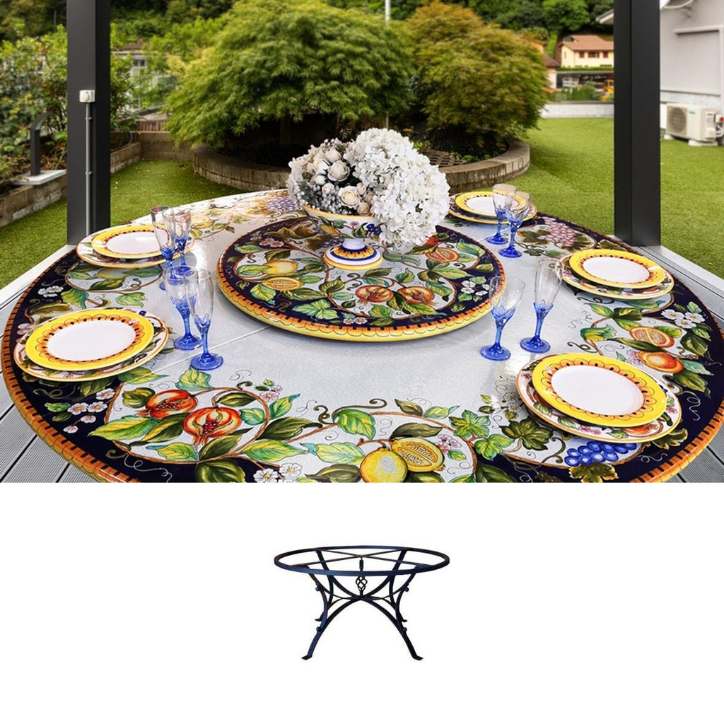 Gartentisch aus handbemaltem Lavastein Fantasia di frutta, rund Ø 180 cm mit Untergestell Hydra GD016CL
