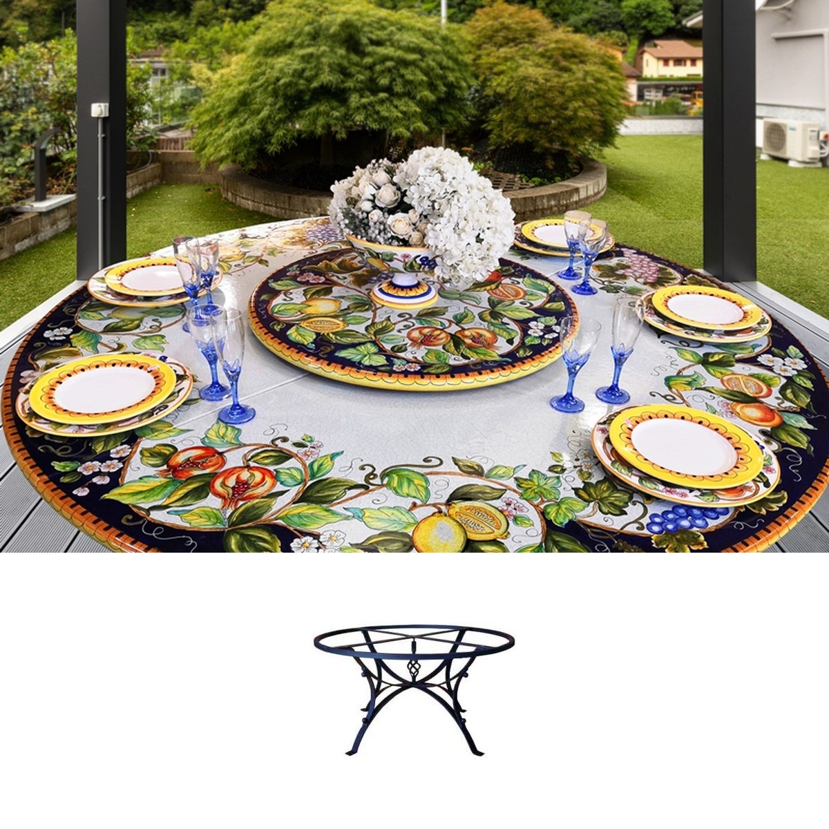 Gartentisch aus handbemaltem Lavastein Fantasia di frutta, rund Ø 180 cm mit Untergestell Hydra GD016CL