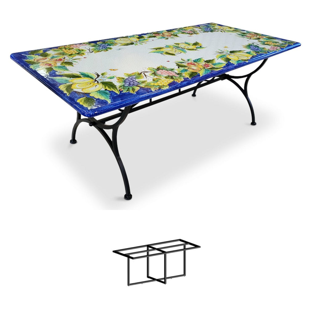 Gartentisch aus handbemaltem Lavastein Dea, rechteckig 200 × 100 cm mit Untergestell Biquadro 180x80
