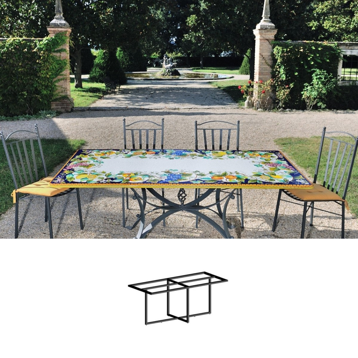 Gartentisch aus handbemaltem Lavastein Fantasia di Frutta, rechteckig 200 × 100 cm mit Untergestell Biquadro 180x80