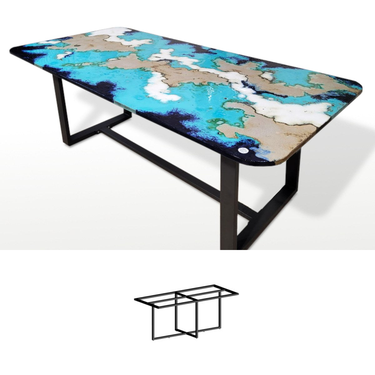 Gartentisch aus handbemaltem Lavastein Laguna Blu, rechteckig 200 × 100 cm mit Untergestell Biquadro 180x80