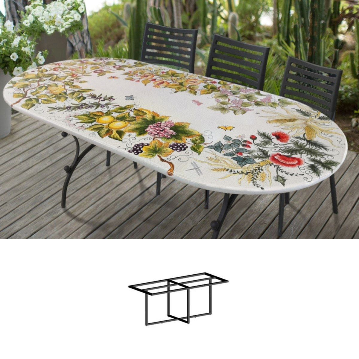 Gartentisch aus handbemaltem Lavastein Inglese, oval 200 × 100 cm mit Untergestell Biquadro 180x80