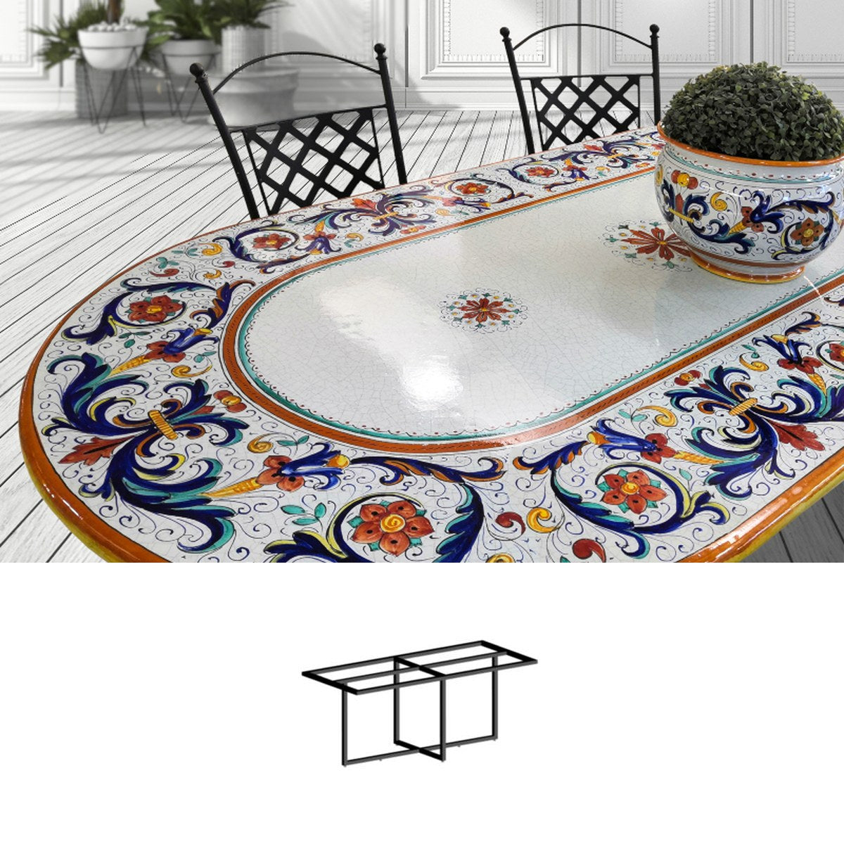 Gartentisch aus handbemaltem Lavastein Ricco Deruta, oval 200 × 100 cm mit Untergestell Biquadro 180x80
