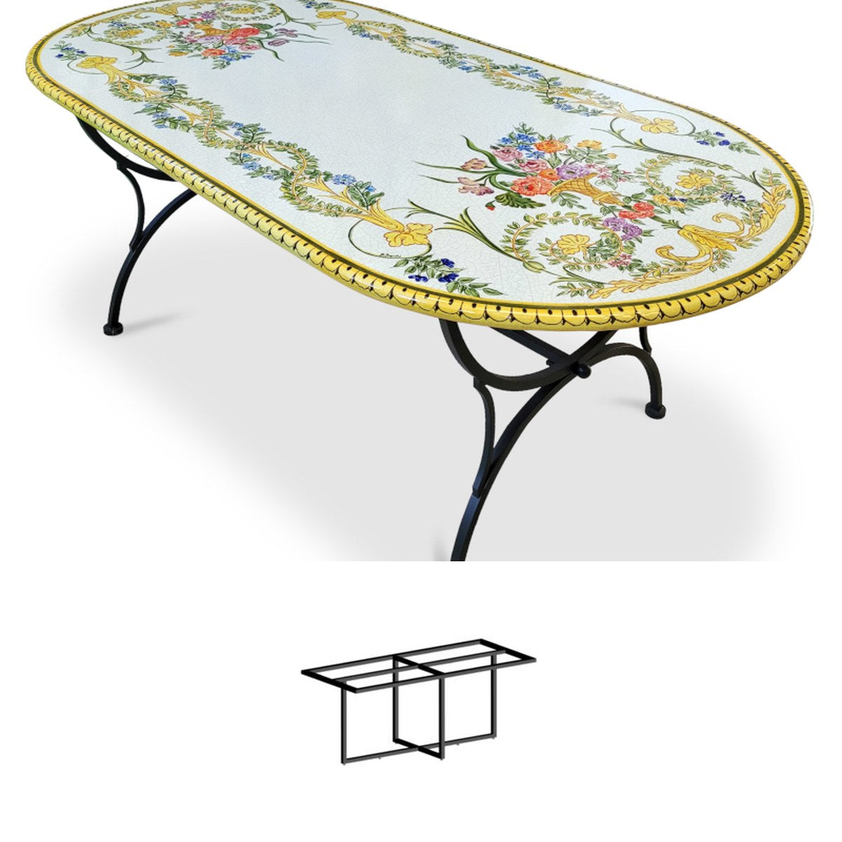 Gartentisch aus handbemaltem Lavastein Settecento, oval 200 × 100 cm mit Untergestell Biquadro 180x80