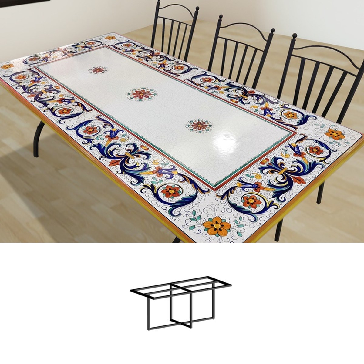 Gartentisch aus handbemaltem Lavastein Ricco Deruta, rechteckig 200 × 100 cm mit Untergestell Biquadro 180x80