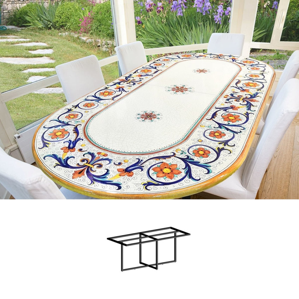 Gartentisch aus handbemaltem Lavastein Ricco Deruta, oval 250 × 120 cm mit Untergestell Biquadro