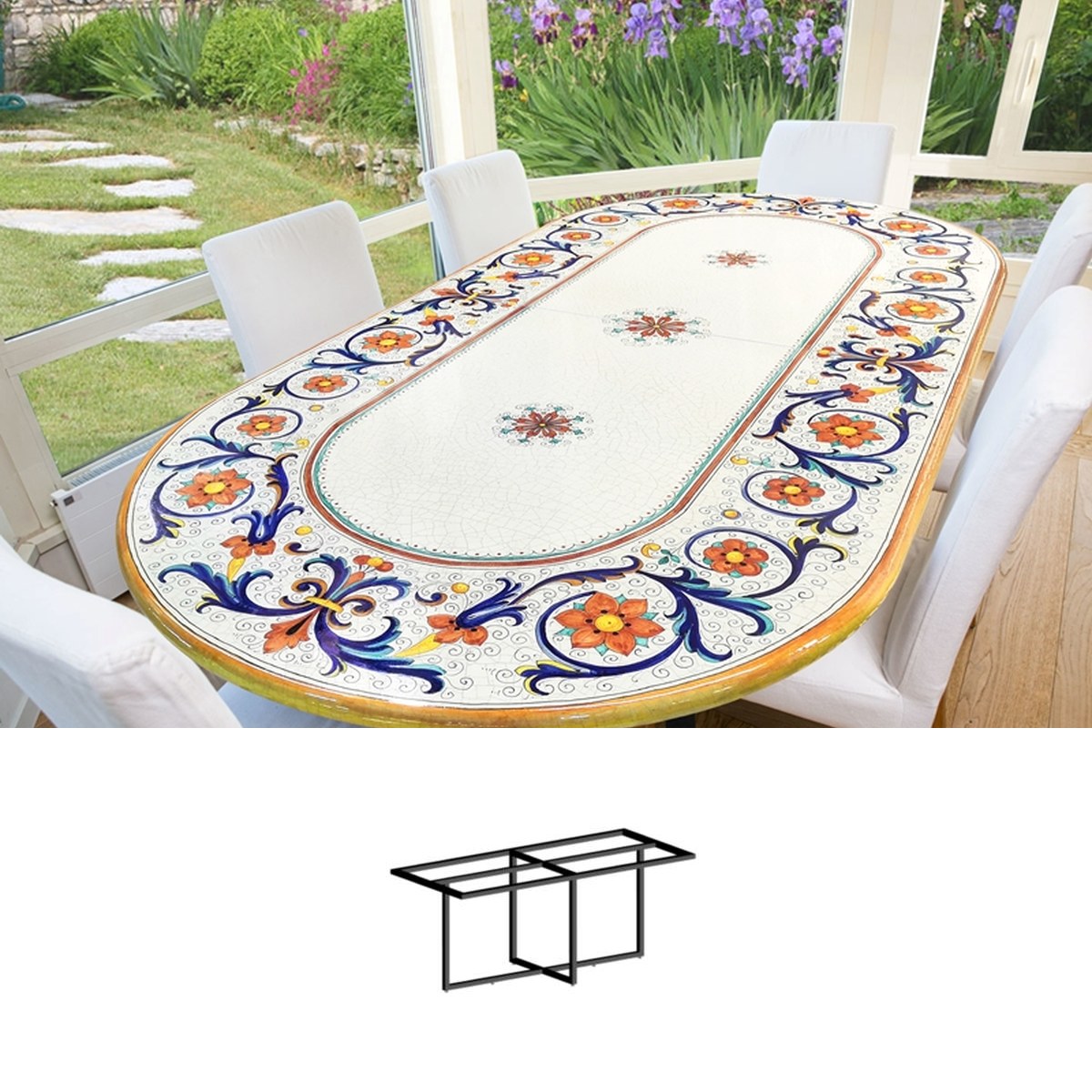 Gartentisch aus handbemaltem Lavastein Ricco Deruta, oval 250 × 120 cm mit Untergestell Biquadro