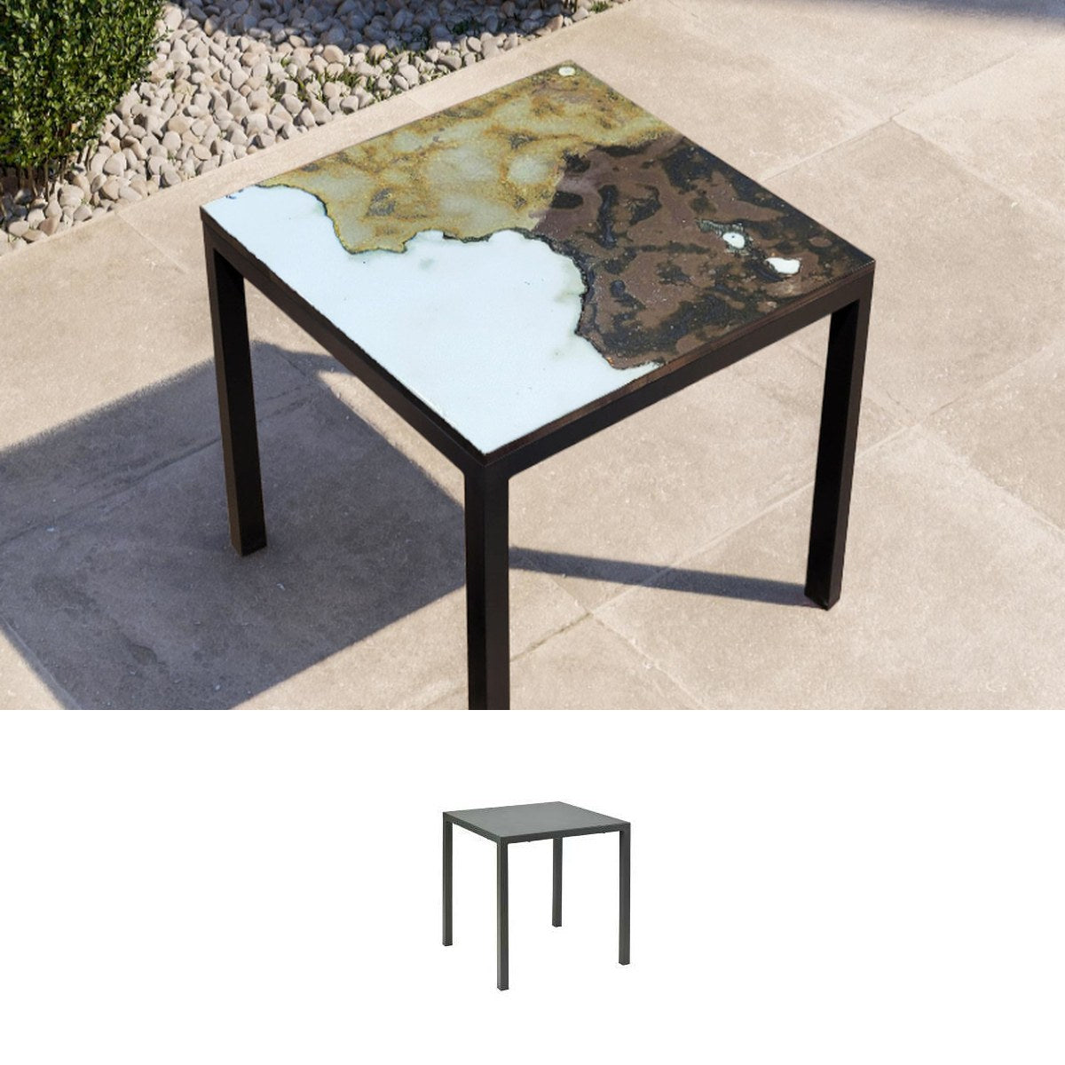 Gartentisch aus handbemaltem Lavastein Biarritz, quadratisch 70 × 70 cm mit Untergestell Friends Q70