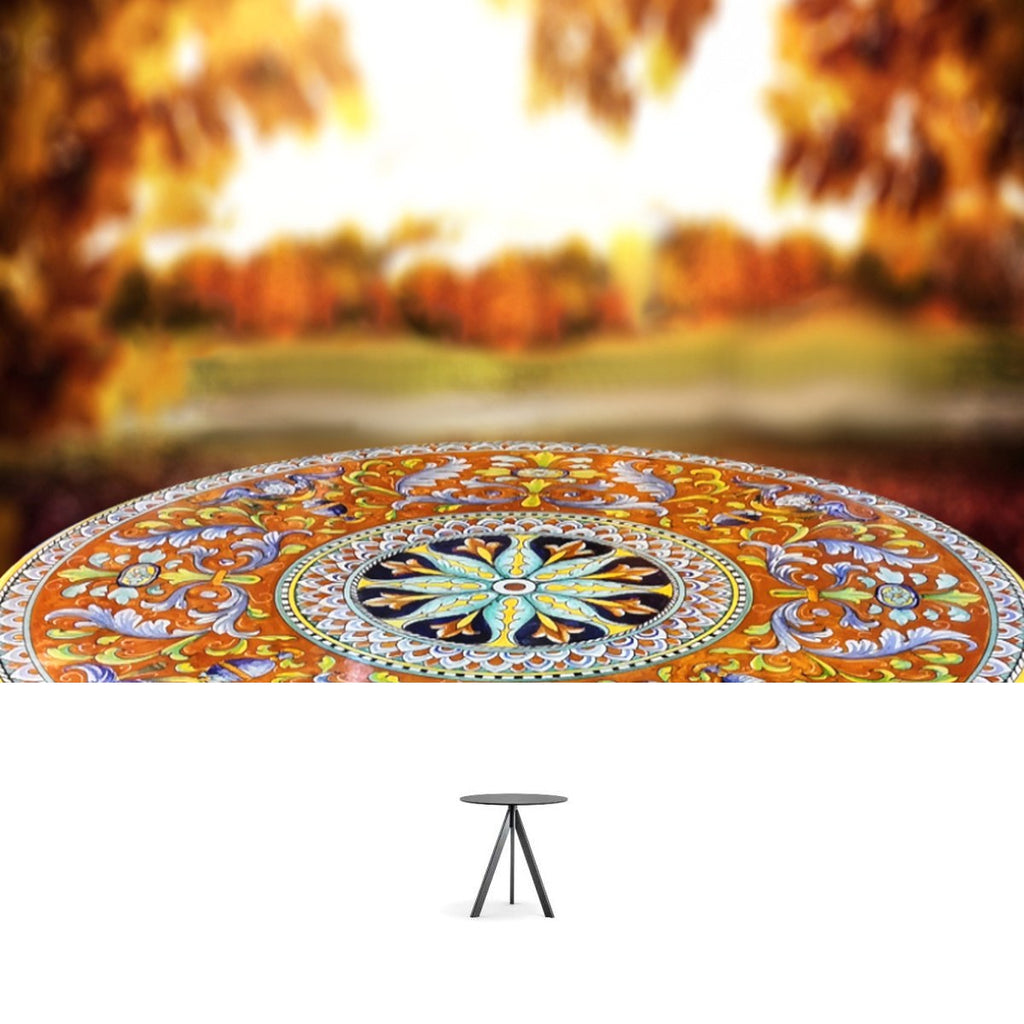 Gartentisch aus handbemaltem Lavastein Deruta Antico, rund Ø 80 cm mit Untergestell Archi-Cricket D60