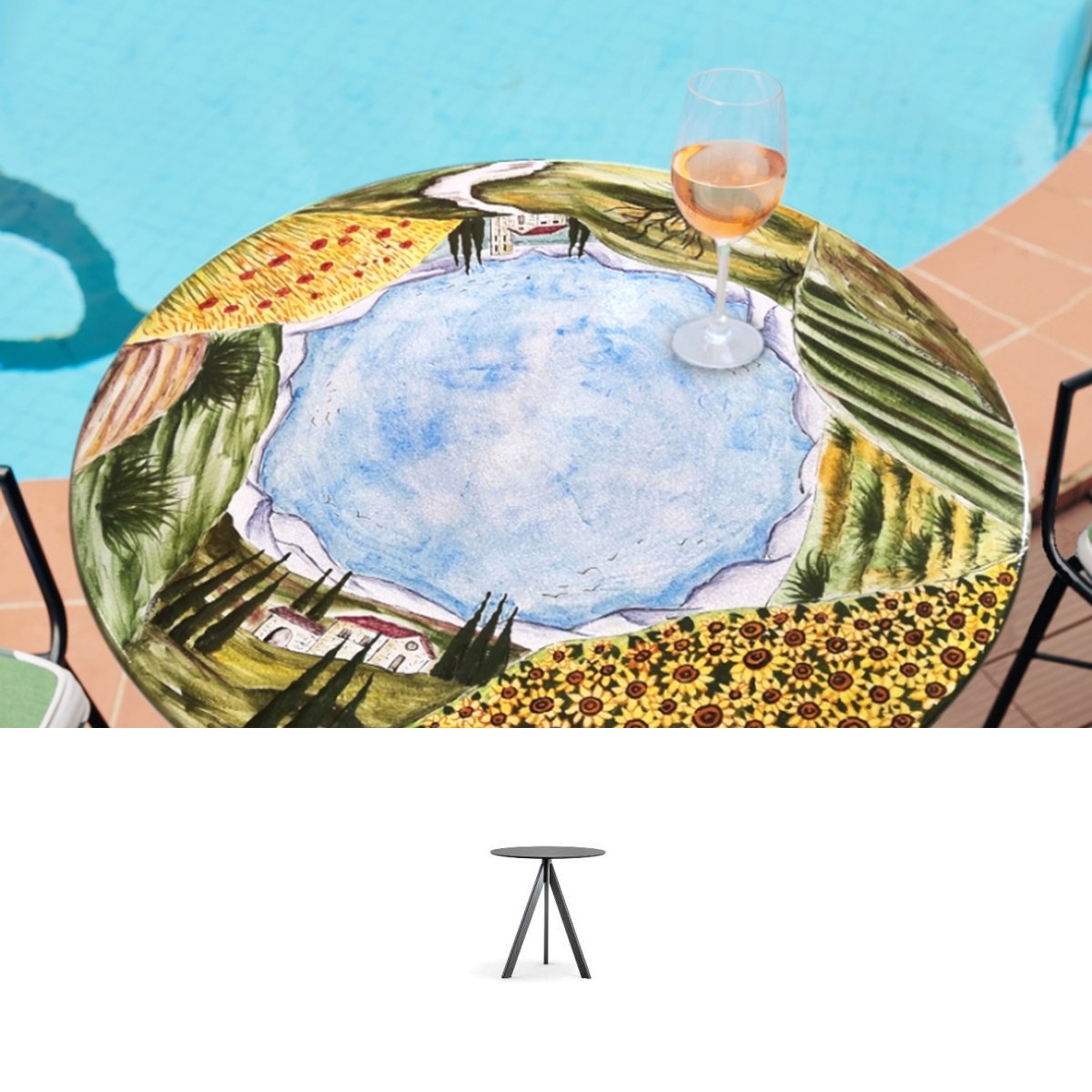 Gartentisch aus handbemaltem Lavastein Paesaggio Umbro, rund Ø 80 cm mit Untergestell Archi-Cricket D60