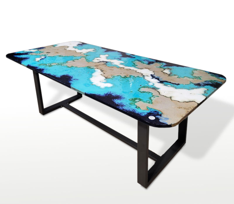 Gartentisch aus handbemaltem Lavastein Laguna Blu, rechteckig 200 × 100 cm