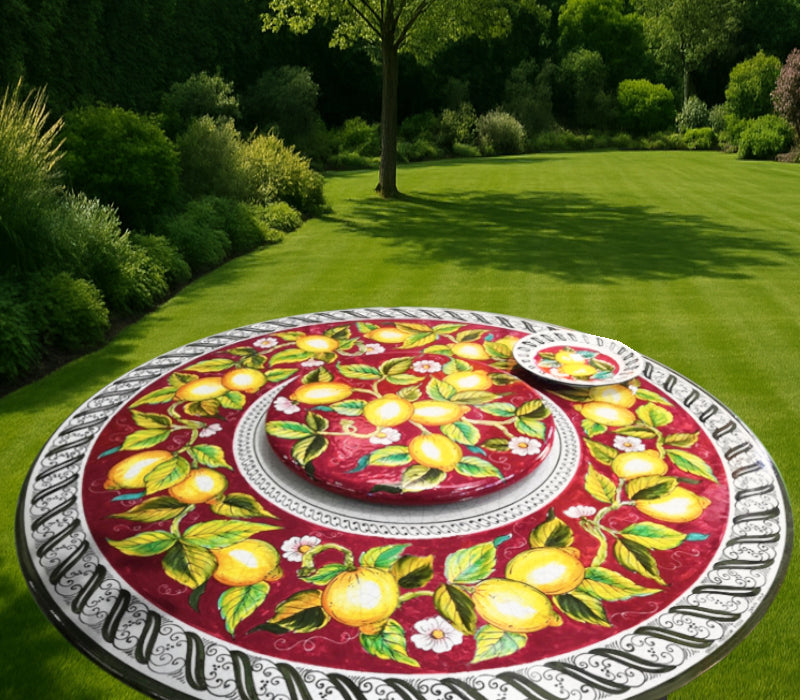 Gartentisch aus handbemaltem Lavastein Limoni fascia rossa, rund Ø 150 cm